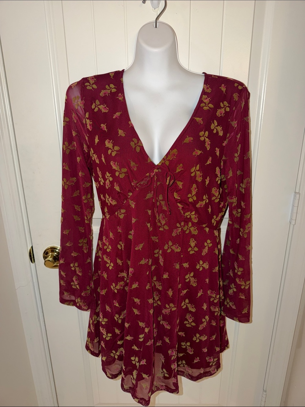 Betsey Johnson Burgundy Floral Long Sleeve Babydoll  Dress